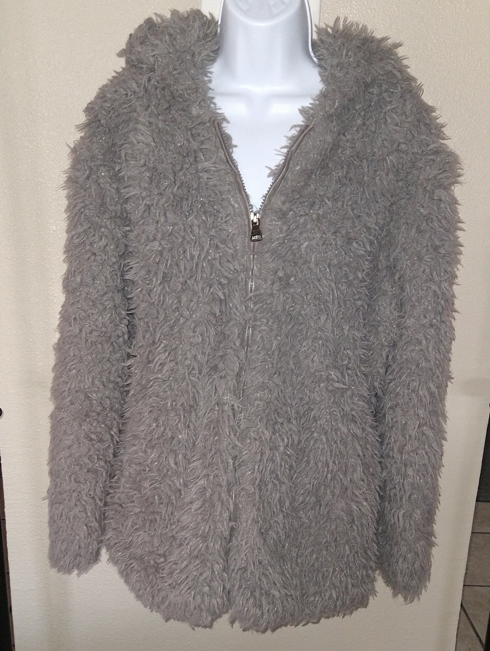 Madden Girl Light Gray Plush Hooded Zip Jacket